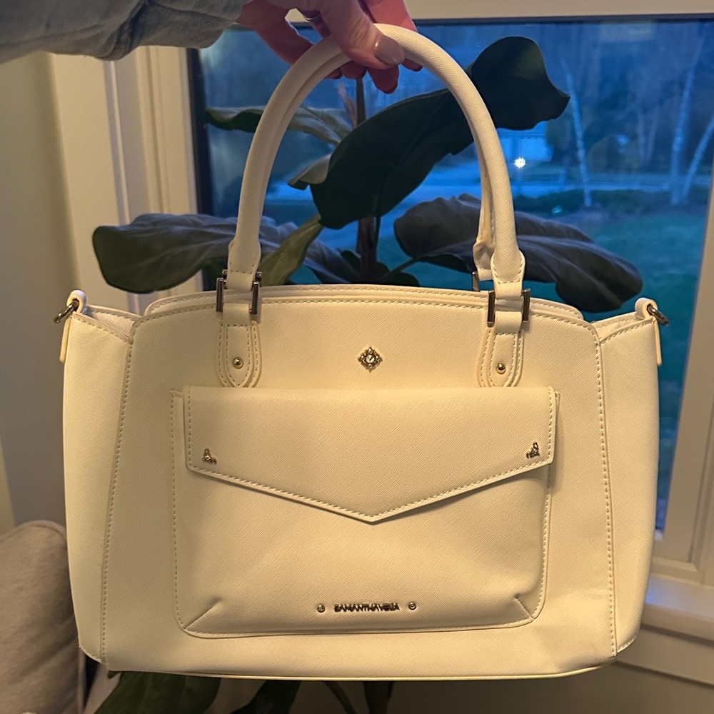 Samantha Vega Off White Structured Satchel Handbag with Crystal Details